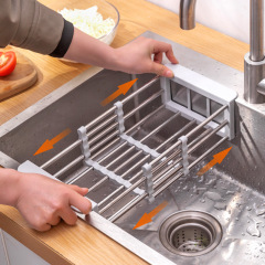 Stainless steel sink drain rack retractable drain bowl rack multi-functional kitchen drain basket fruit and vegetable dish washing basket