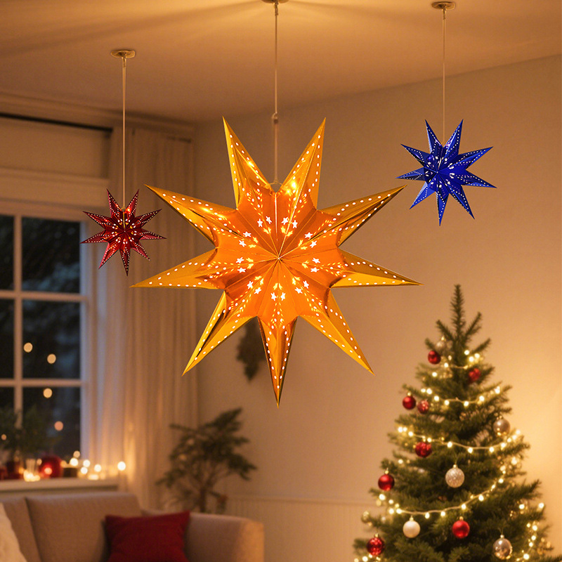 Decoración navideña Estrellas Linterna de papel Iluminación de estrella de cinco puntas Candelabro Árbol de Navidad Decoración navideña Colgante de estrella de nueve puntas