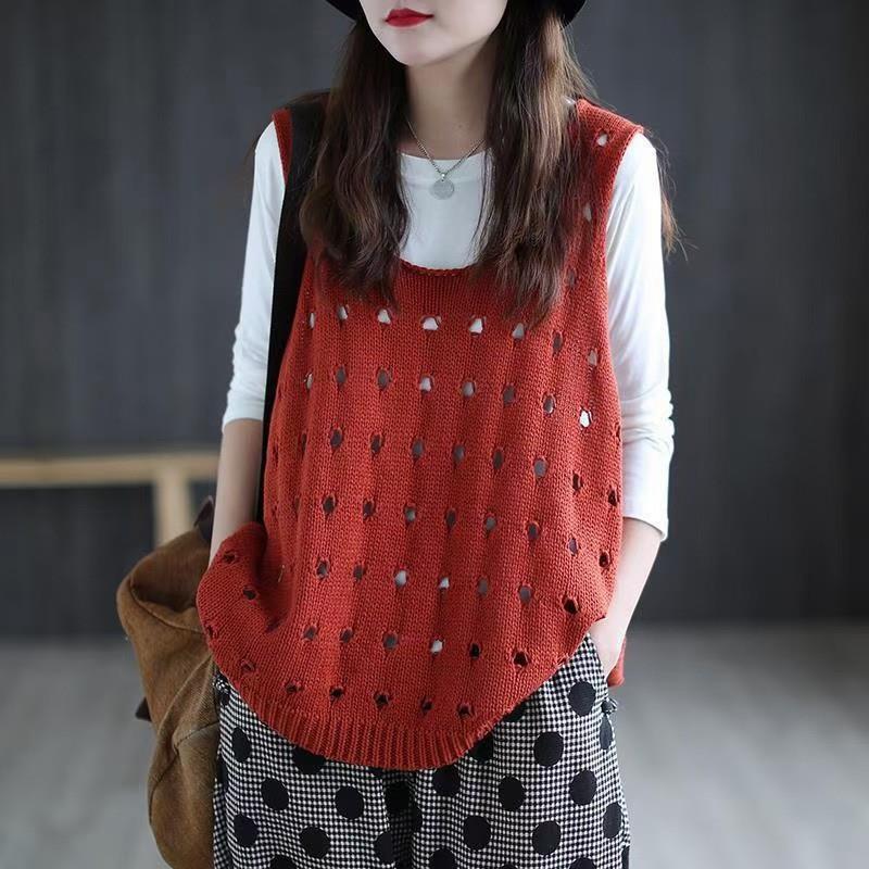 2025 Spring and Summer Cross-Border Hollow Sweater Vest Women's Loose Casual Sleeveless Waistcoat Solid Color Foreign Trade Knitted Vest Women