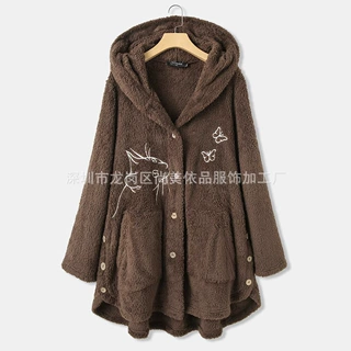 亚马逊ebay2026时尚女装欧美纽扣毛绒上衣不规则刺绣潮牌纯色外套