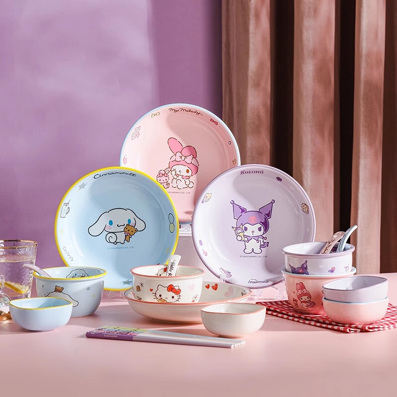 Sanrio Ceramic Tableware 4.7inch Rice Bowls Kuromi Hello Kitty Noodle Bowls Soup Bowls Beautiful Girl Household Plates