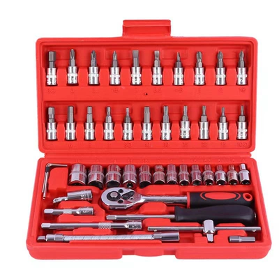 Combination Tools, Hardware Tools, Auto Repair Tool Set, Ratchet Wrench, Socket Tool, 46-Piece Set, Bits Snjue (Repair kit) - 46-pieces-sleeve-red-classic