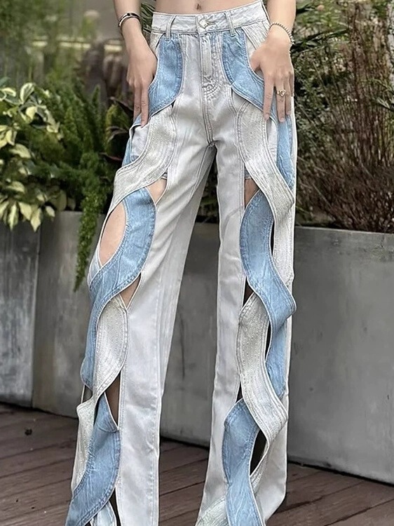 Trendy and Popular Personality Patchwork Street Style Color-Blocking Design Spiral Hollow-Out Wide-Leg Straight Floor-Length Jeans