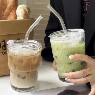 Large Capacity Ins Style Vertical Stripe Glass Ice American Style Nordic Style Cold Drink Cup with Straw for Home Use with Lid Slub Cup