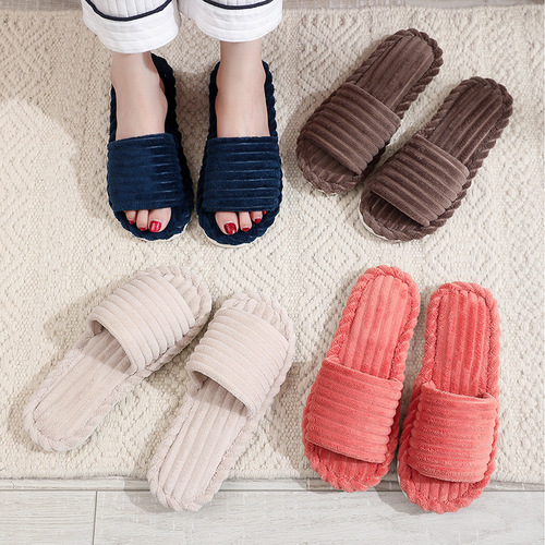 Cross-border style slippers, open-toe spring/autumn indoor non-slip flat shoes for couples, fashionable and simple hair ball slippers