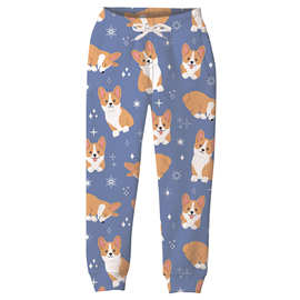 跨境欧美3D数码印花卡通可爱小狗汪汪柯基宽松休闲男童装卫裤长裤