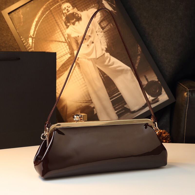 2026 New Vintage Brown Shiny Clasp Bag, Light Luxury Style Underarm Bag, High-End Commuter Crossbody Bag