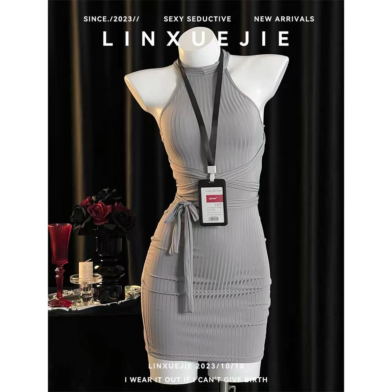 Sleeveless Halter Neck Maid Bodycon Dress, White Polyester Secretary Roleplay Lingerie — detail image 2
