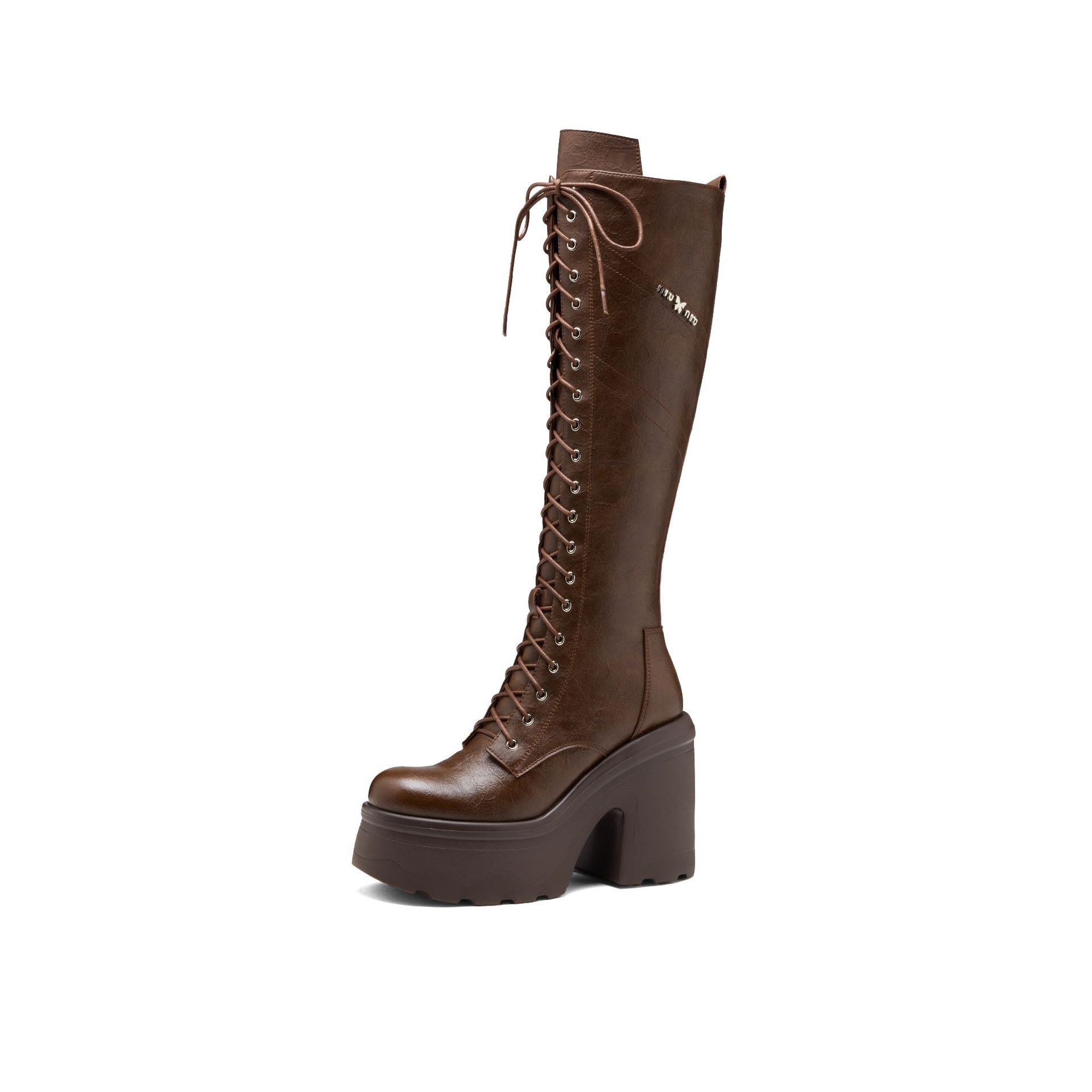Boot nữ cổ cao ôm bắp chân, gót 12 cm, phong cách Anh, da thật, buộc dây, đế dày — nhung nâu