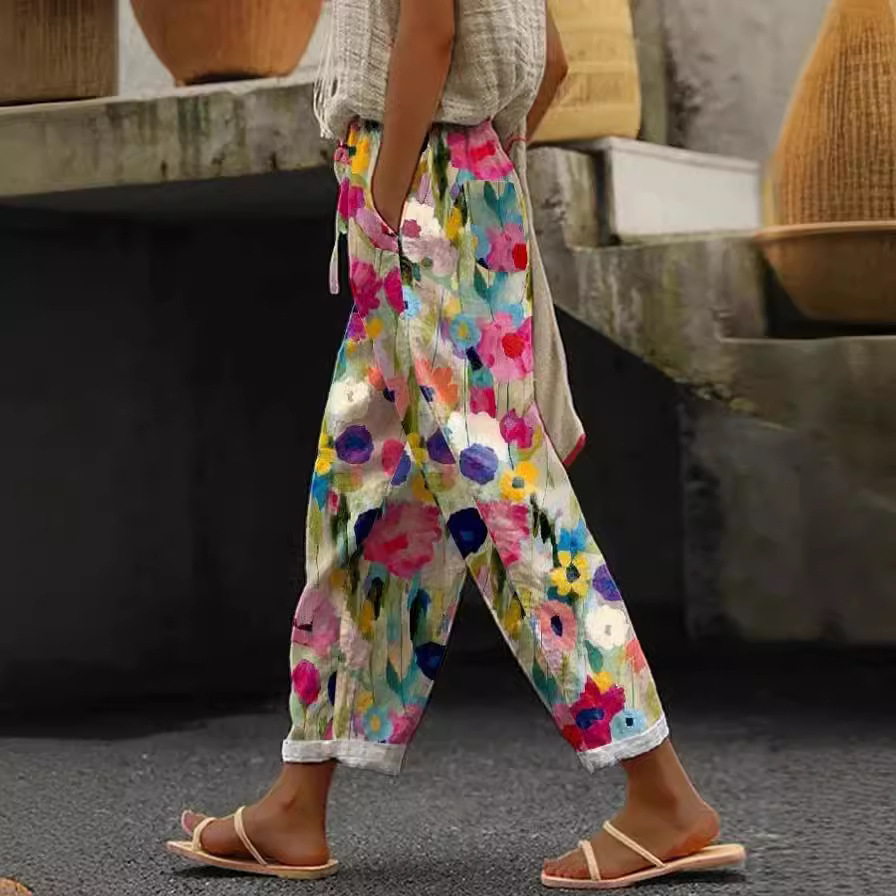 2024 Amazon AliExpress 2024 primavera nueva ropa de mujer bolsillo casual estampado cintura elástica pantalones rectos