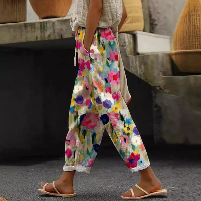 2026 Amazon Aliexpress Independent Site New Women's Clothing Pocket Casual Printed Elastic Waist Long Straight Pants