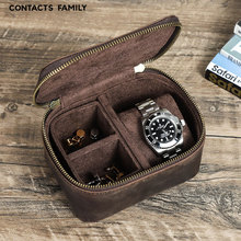 外貿貨源瘋馬牛皮手表盒手工制作袖扣雙拉鏈二合一旅行收納盒現貨