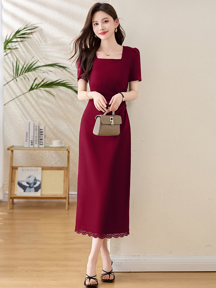 Đầm maxi cổ vuông tay phồng xẻ tà ôm dáng mùa hè 2025 — Màu đen, Màu đỏ