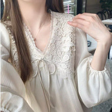 初秋新款仙少女感小众系带衬衫长袖领蕾丝雪纺法式灯笼袖上衣
