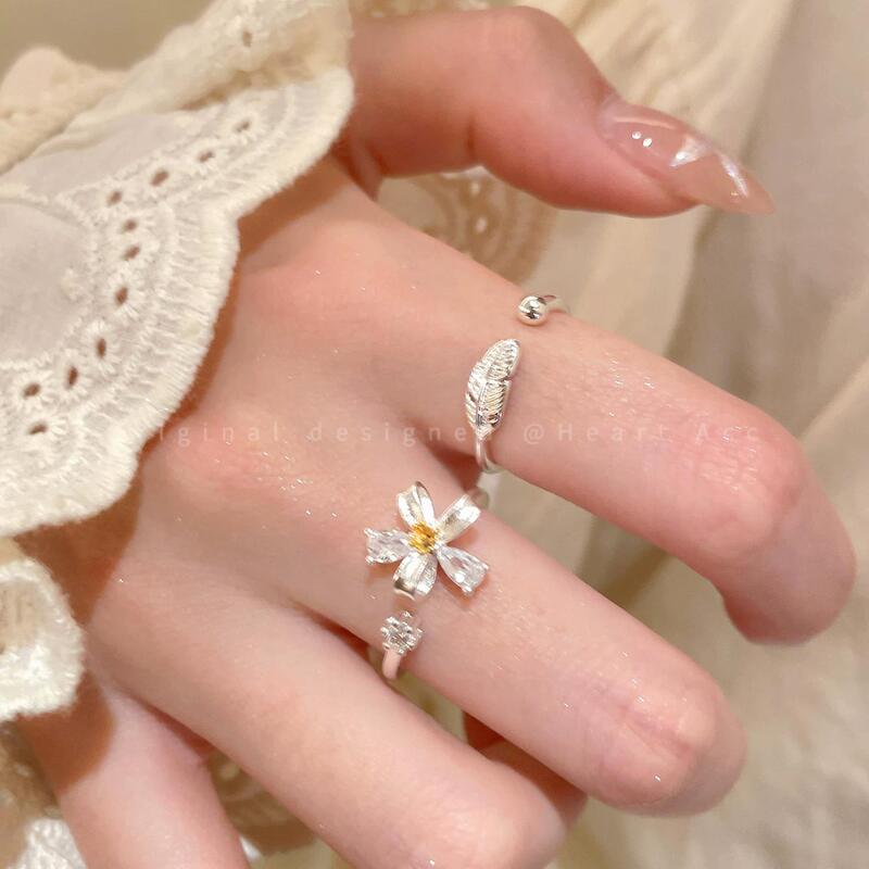 Silver Flower Feather Zircon Ring for Women, Light Luxury Niche High-End Style, Adjustable Index Finger Ring, Stackable and Very Beautiful Silver Flower Feather Zircon Ring for Women, Light Luxury Niche High-End Style, Adjustable Index Finger Ring, Stackable and Very Beautiful