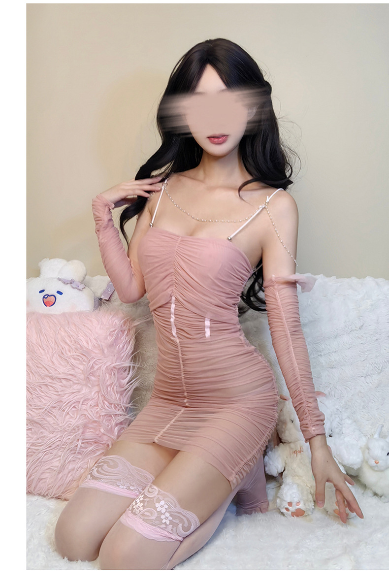 French-Style Mesh Wrap Nightgown with Hip Skirt, Blue One-Size Lingerie Dress — detail image 9