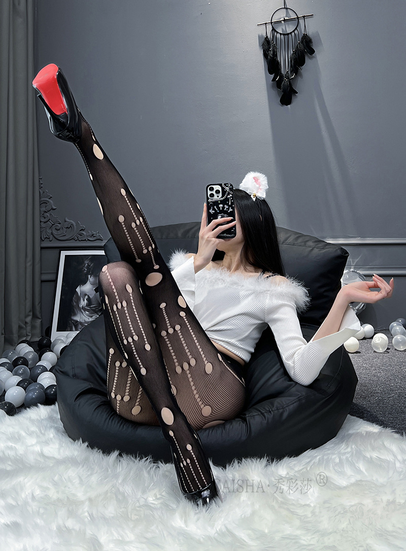 Open-Crotch Lace Stockings with Fake Suspenders, One-Piece Sheer Black Hosiery — detail image 8