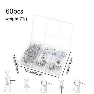 Cross-Border Amazon 60-Piece Transparent Thumbtack Set Small Thumbtacks 60-Piece Boxed Hook Clip Office Fixing Nails