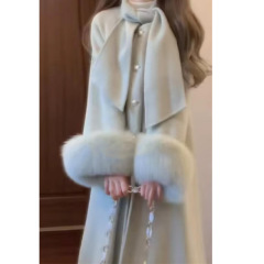 羊毛混纺单面呢大衣女冬季加厚高级感毛呢中长款外套仿狐狸袖口毛