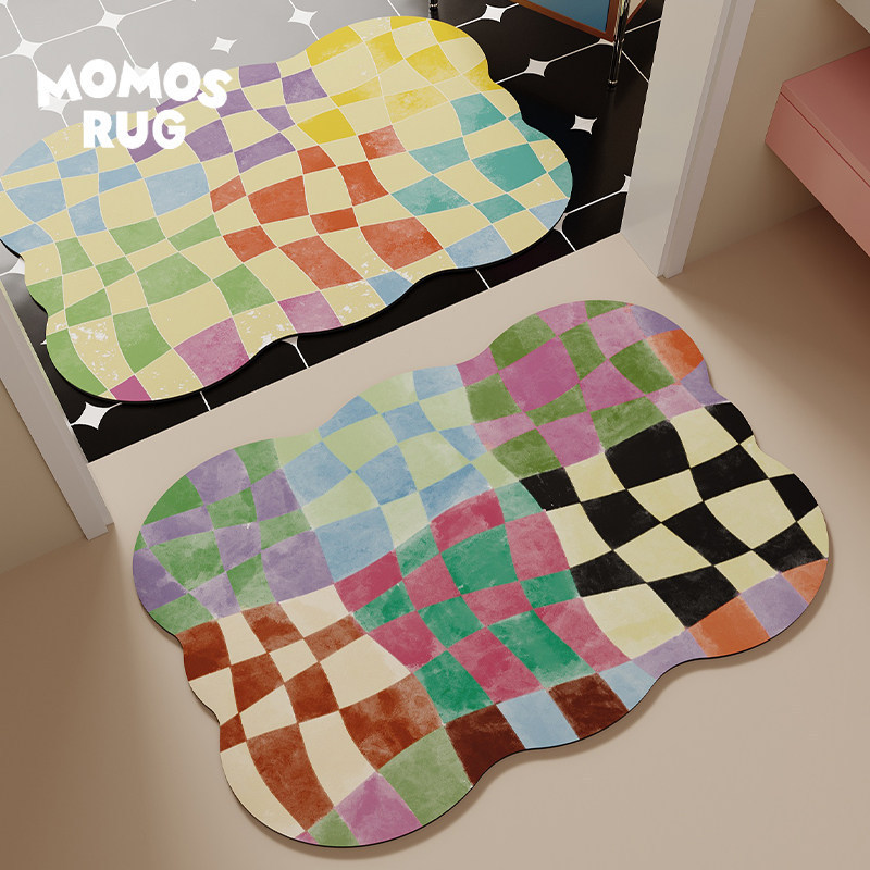 Checkerboard Pattern Bathroom Absorbent Floor Mat, Simple Lines, Versatile Foot Mat for Toilet and Bathroom, Non-Slip and Dirt-Resistant for Home Use