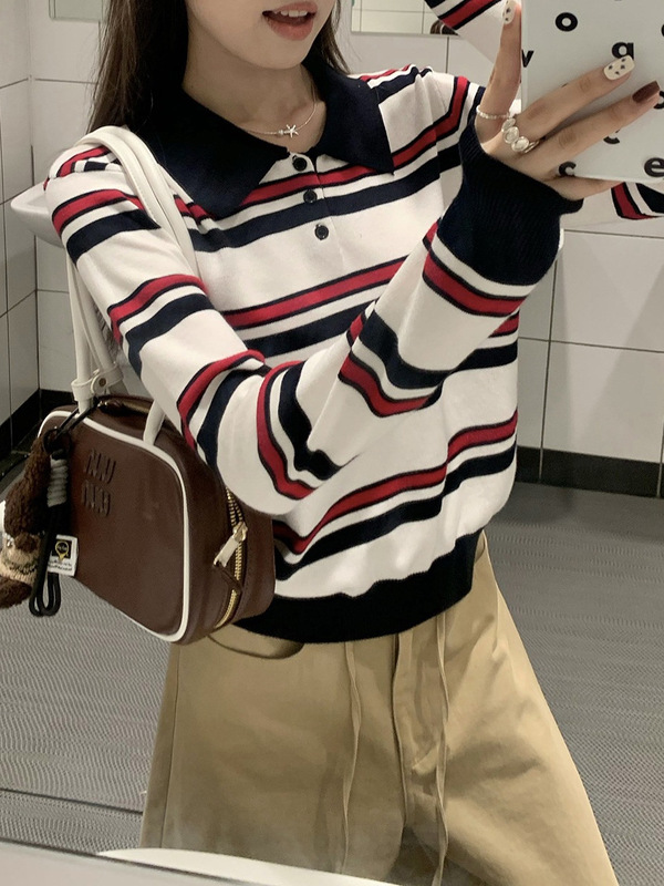 韩系学院风撞色条纹polo领毛衣女小个子休闲通勤宽松百搭针织t恤|undefined
