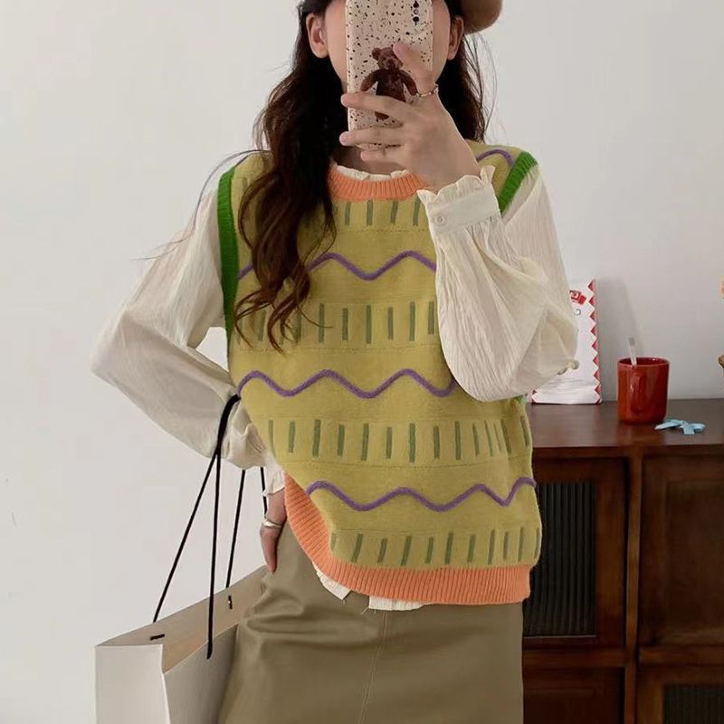 24 invierno Puyuan ondulado colorido plegable vestir suéter sin mangas chaleco para mujeres otoño invierno 2024 image 1