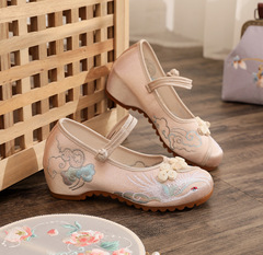 Smoke Light 2023 Spring Model Round Head Internal Lift Cheongsam Women's Shoes Ancient Style Embroidered Shoes Zen Clothing Tea Clothing Shoes Dance Slippers