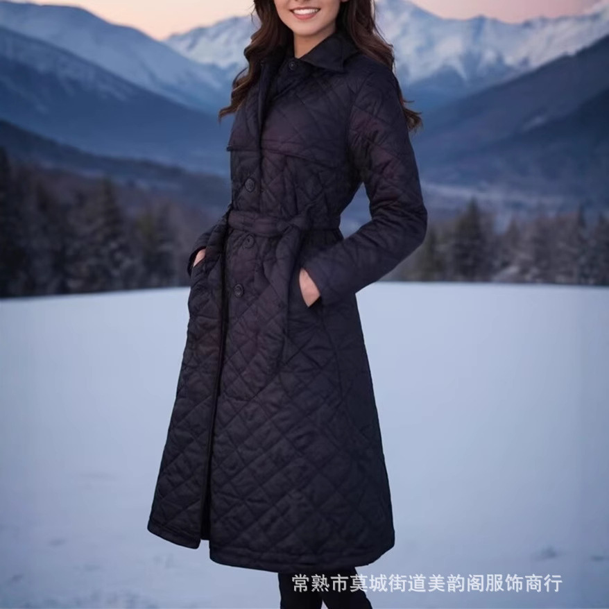 UC&ZA跨境亚马逊欧美新款女装黑色翻领长款绗绣腰带风衣棉服外套