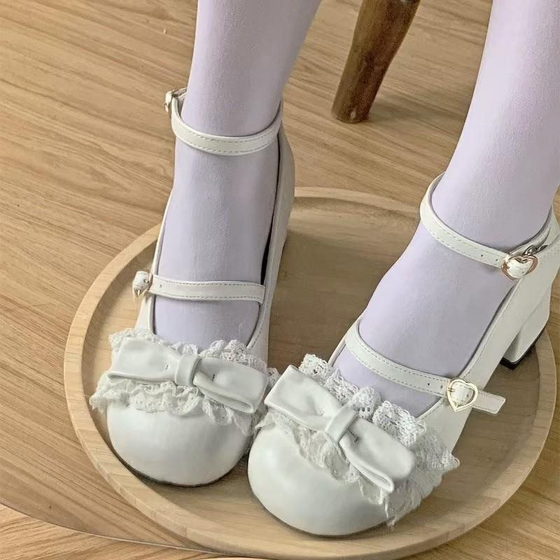 Lace Court-Style Leather Shoes Lolita Shoes 2025 Cute Lolita Japanese Sweet Bowknot Chunky Heel Single Shoes