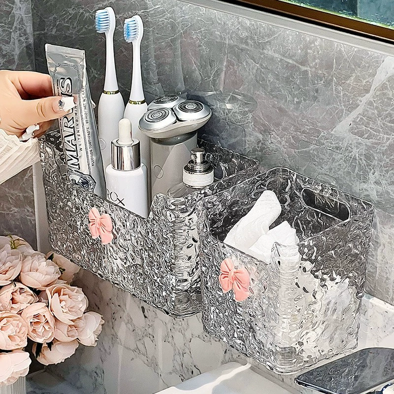 Cosmetic Storage Box Elite, no-drill wall-mount, transparent with optional bow (small/long)