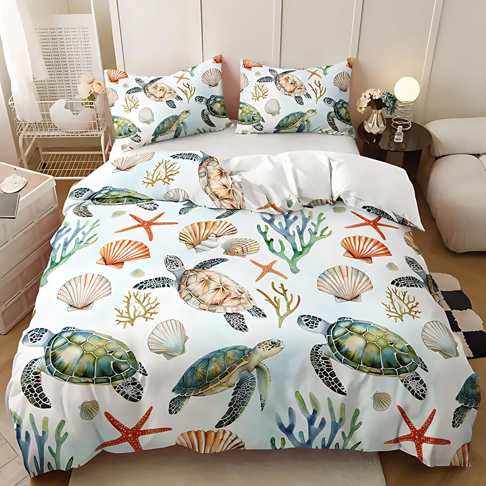 TEMU / JIT caricatura encantadora tortuga de mar abrasión colcha de cama kit de almohada para comercio exterior