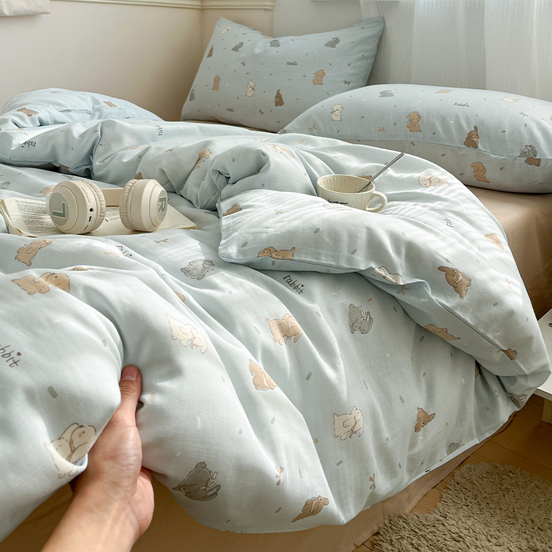 Juego de cuatro piezas de cama de algodón de hilo de doble capa 2025 nueva funda de edredón de sábana ropa de cama de dormitorio de estilo pastoral