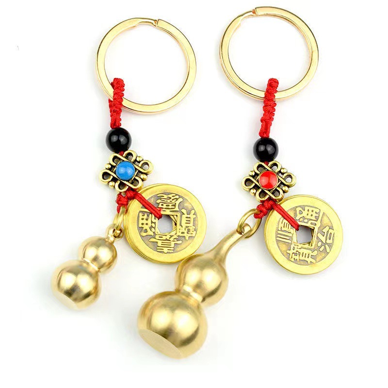 Copper gourd five emperors money keychain hollow solid pure copper small gourd wholesale car feng shui pendant pendant stall