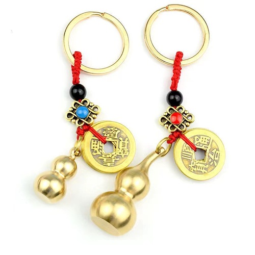 Copper gourd five emperors money keychain hollow solid pure copper small gourd wholesale car feng shui pendant pendant stall