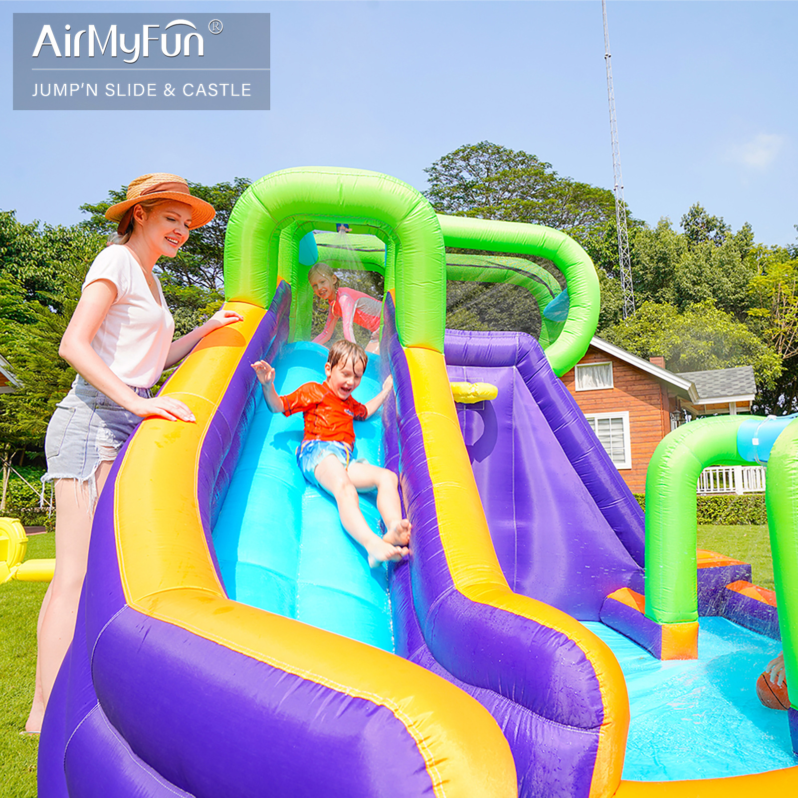AMF | Castillo inflable con rociador de agua para el hogar, combinación de trampolín inflable, tobogán acuático interior para niños, castillo inflable pequeño antideslizante