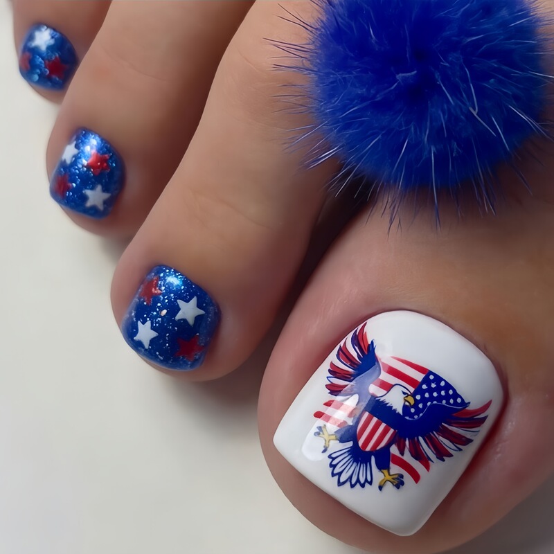 Independence Day Manicure Patriotic Bald Eagle Star Flag Print Toenails Short Square Red White Blue Design Toenails Independence Day Manicure Patriotic Bald Eagle Star Flag Print Toenails Short Square Red White Blue Design Toenails