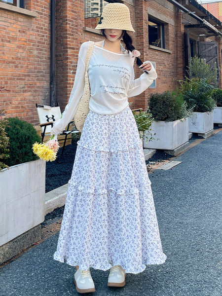 Blue autumn demi-season Korean retro long skirt