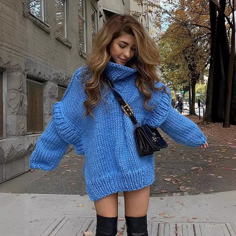 2023 Cross-Border New European and American Export Knitwear Amazon Knitwear Pullover Women's Fluffy Long-Sleeved Turtleneck Knitwear