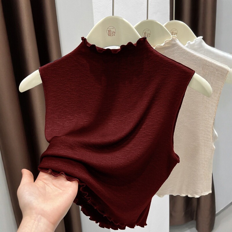 New Slim-Fit Ruffled Half-High Neck Knitted Vest for Women, Versatile Faux Collar, Short Sleeveless Base Layer