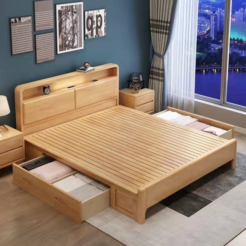 Cama de madera sólida 1.8m cama doble principal 1.5m cama de caja de altura cama de madera 1.2m cama de almacenamiento individual fábrica directa