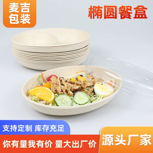 Disposable Degradable Oval Lunch Box Single Double-Pad Take-Out Fast Food Dump Box Light Salad Fruit Bowl