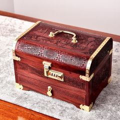 贊比亞血檀花好月圓帶抽屜密碼首飾盒雕花珠寶鏡箱紅木收納盒直播