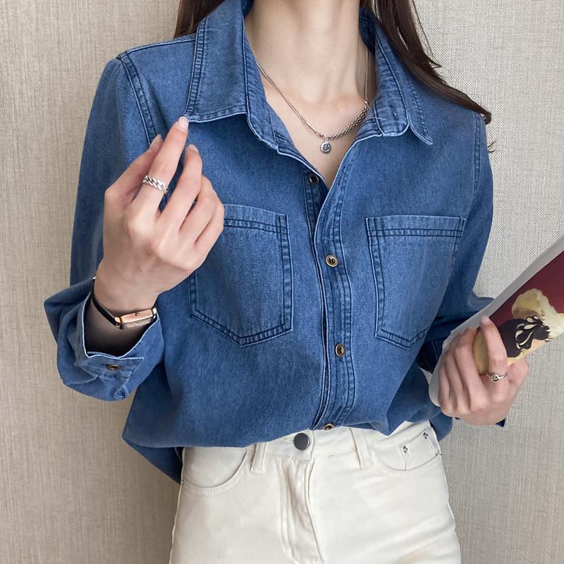 牛仔衬衣外套女春秋2025年新款港风复古小众上衣蓝色内搭叠穿衬衫|undefined