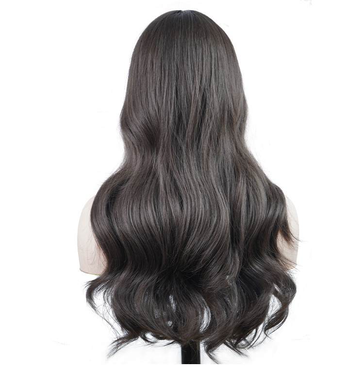 Synthetische Perücke, voller Kopf, kaltschwarz, langes lockiges Haar, große Welle_voghion.com