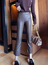 皮裤女秋冬新款韩版高腰修身显黑色PU皮时尚百搭九分裤微喇裤潮