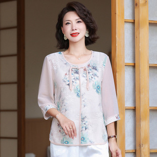 Chinese-Style Printed Casual National Style New Summer Tops for Mothers, Fashionable and Stylish Middle-Aged T-Shirts with Small Sleeves