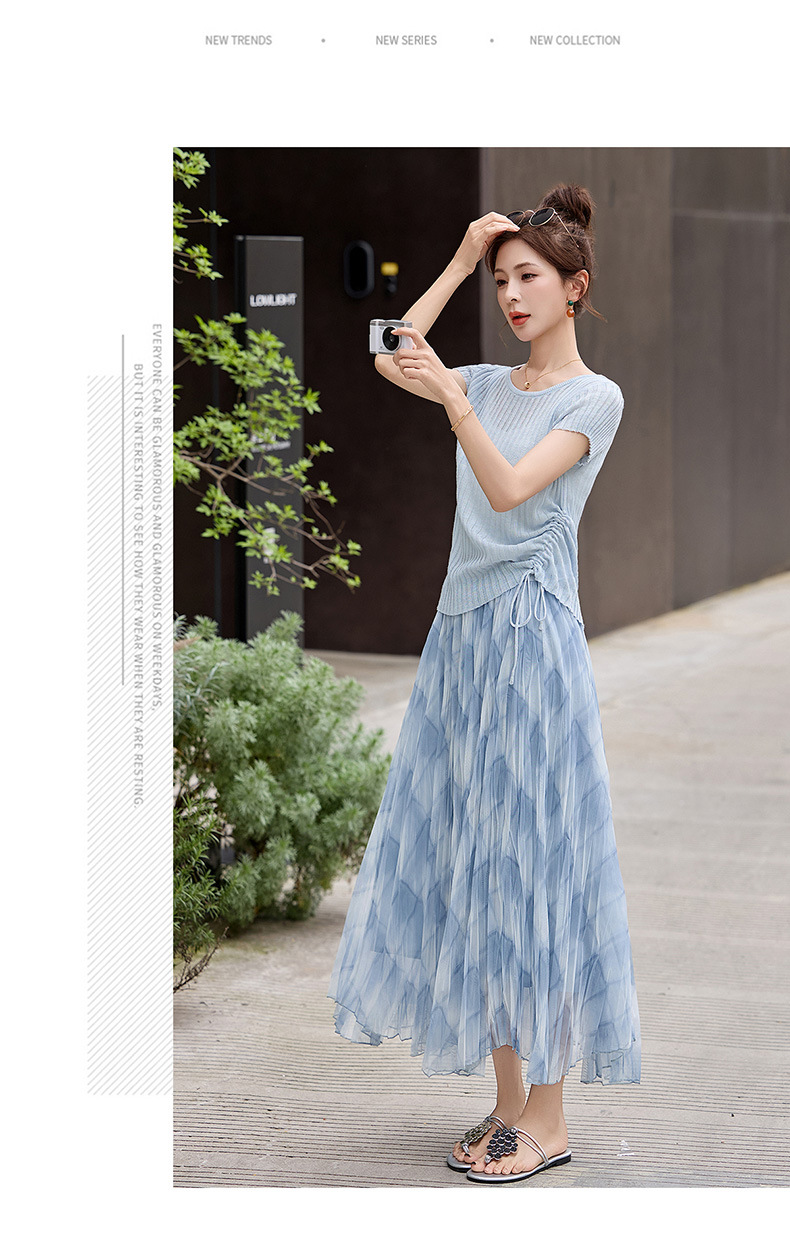 Bộ váy hai mảnh không tay thắt eo áo phối chân váy hoa nhí đi biển — xanh lam chi tiết 12
