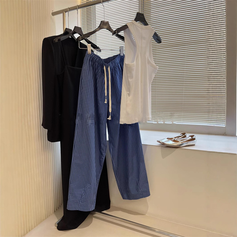 Clothes Are in Stock, Relaxed, Casual, Tune, Youthful, Color-Blocked Feet, Small Cuffs, Blue Plaid Wide-Leg Pants, Drop Shipping