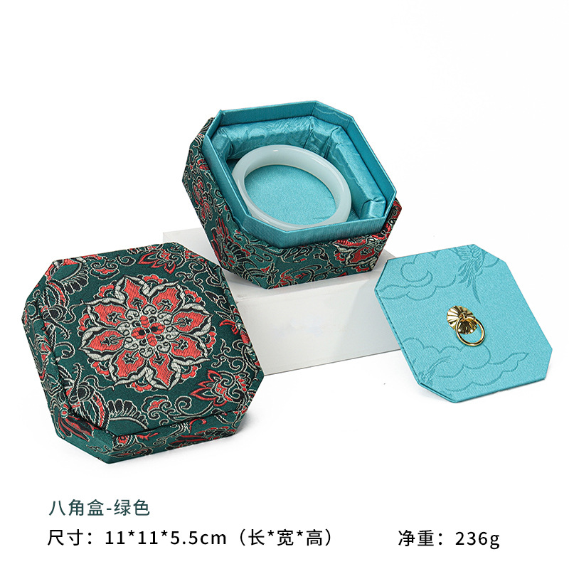 Dark green-octagonal box; square octagonal embroidery box