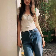 新款棉质短袖弹性T恤女小姐姐性感个性设计上衣学院风甜美韩版衫